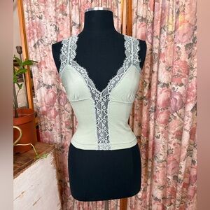 Lace-Trim Ribbed Cami in Sage Green